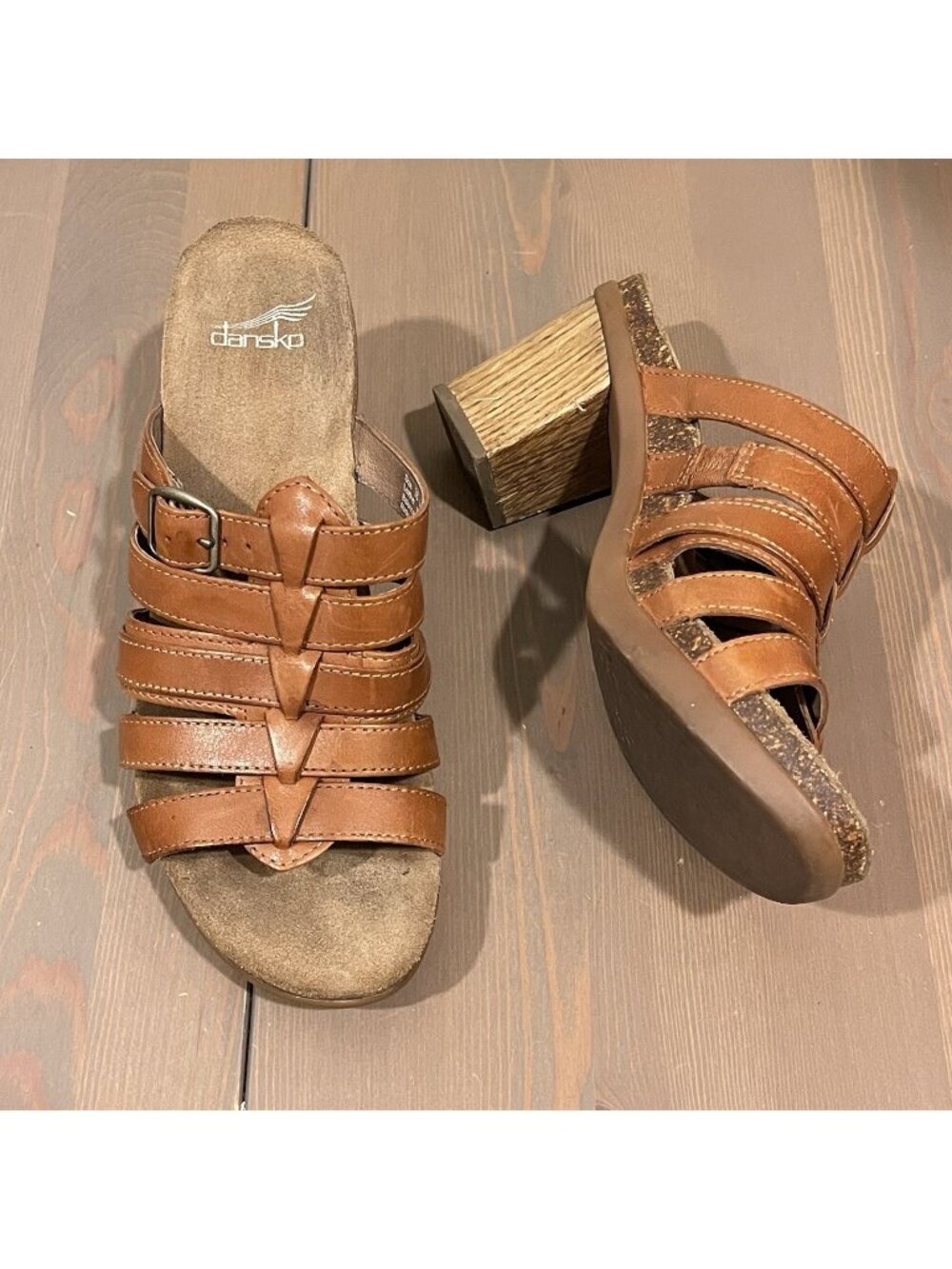 Dansko Dina Sandal Women's 38/7.5 Leather Strappy Side Buckle Slide Block Heel